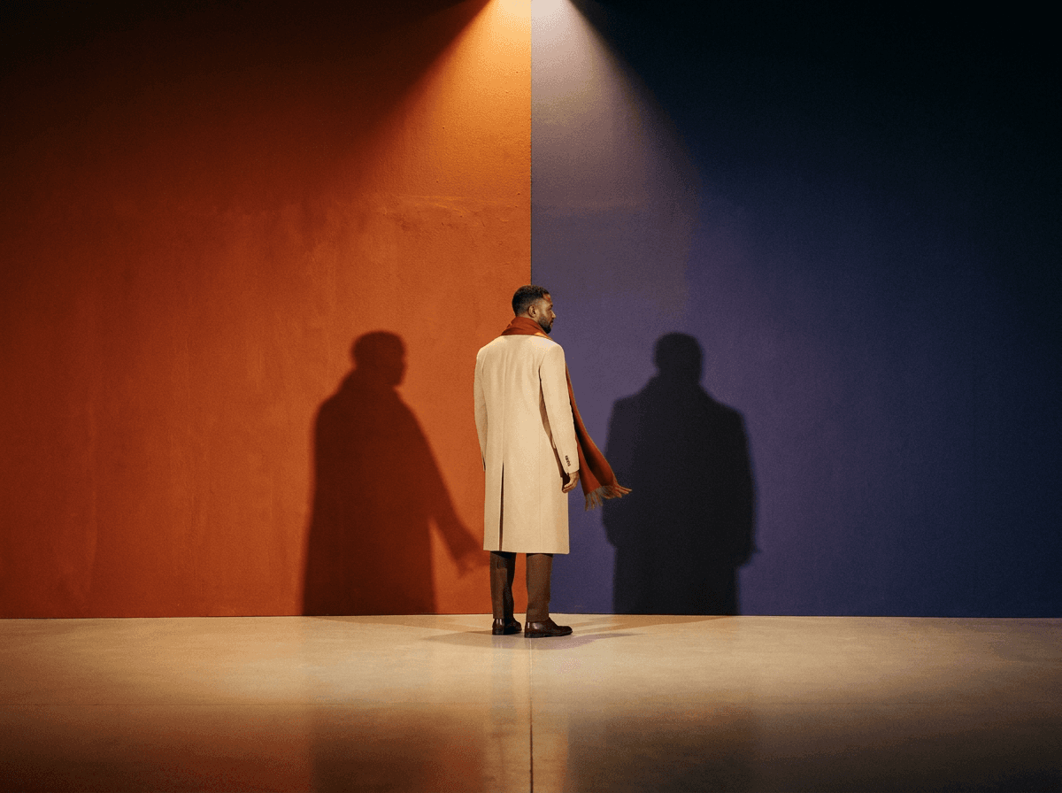 A figure standing between a rust wall and an indigo wall.